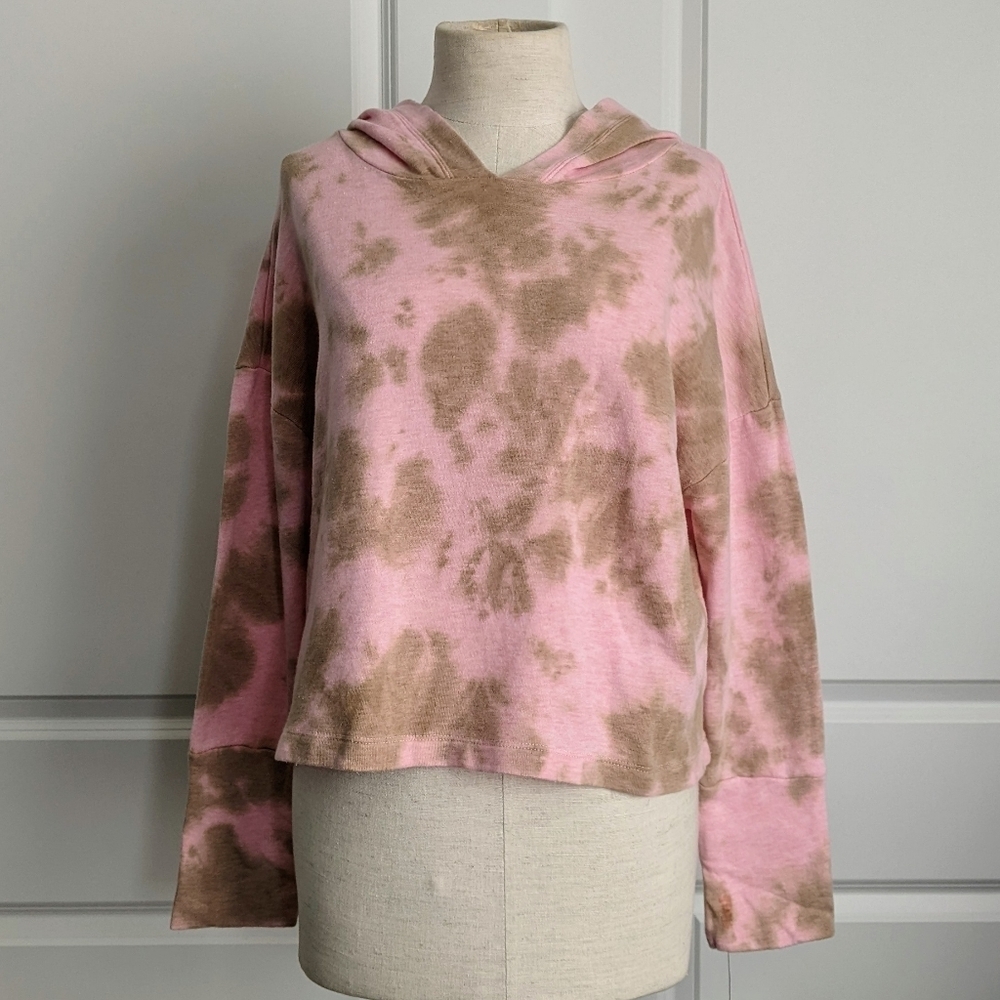 Chaser Hoodie Cashmere Blend Tie Dye Cropped Pullover Pink Olive M NWT